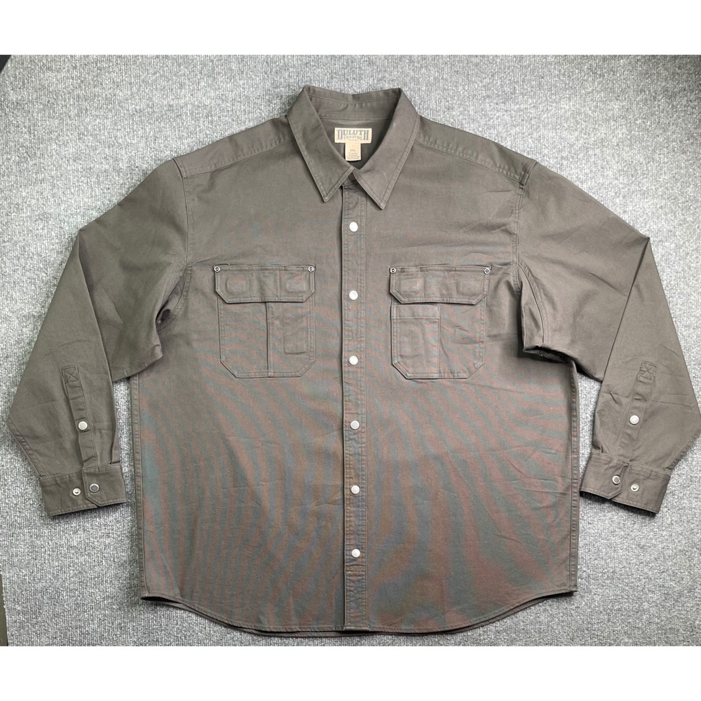 Duluth Trading Co Work Shirt Men 2XL Brown Long Sleeve Snap Front Utility canvas